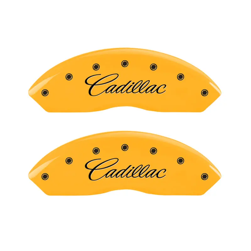 Mgp Engraved Caliper Covers — Cursive Logo Style, Cadillac Yellow Finish With Black Char, Fits 2006 Srx 1