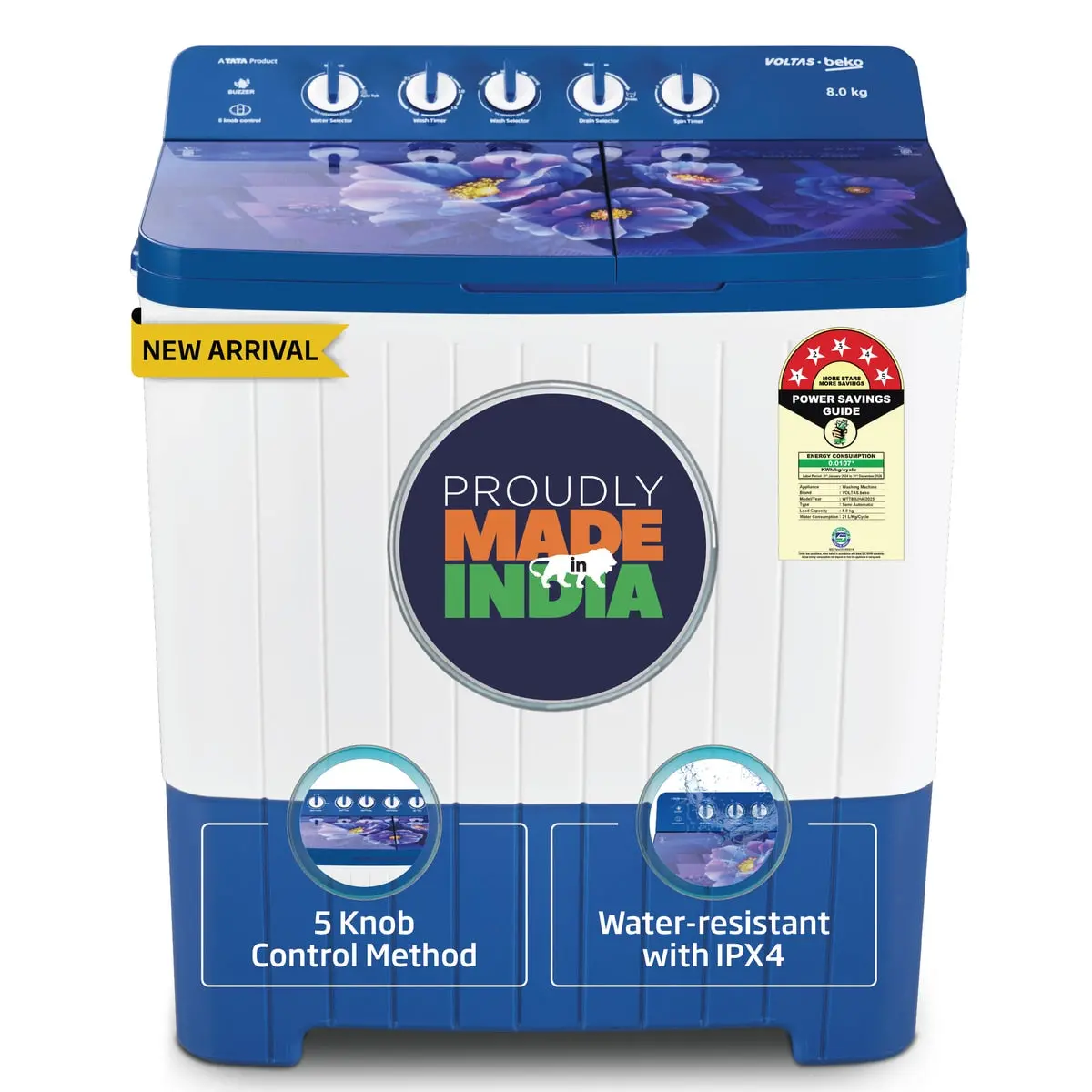 8 Kg 5 Star Semi Automatic Washing Machine (Wtt80uha/Ok5i0i0w07e,Blue) , Voltas Beko, A Tata Product 1