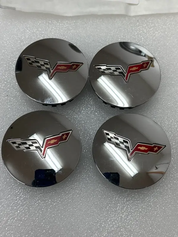 Set Of 4 Chevrolet Corvette Wheel Hub Center Cap Gm Silver Flag Logo  Oem 1