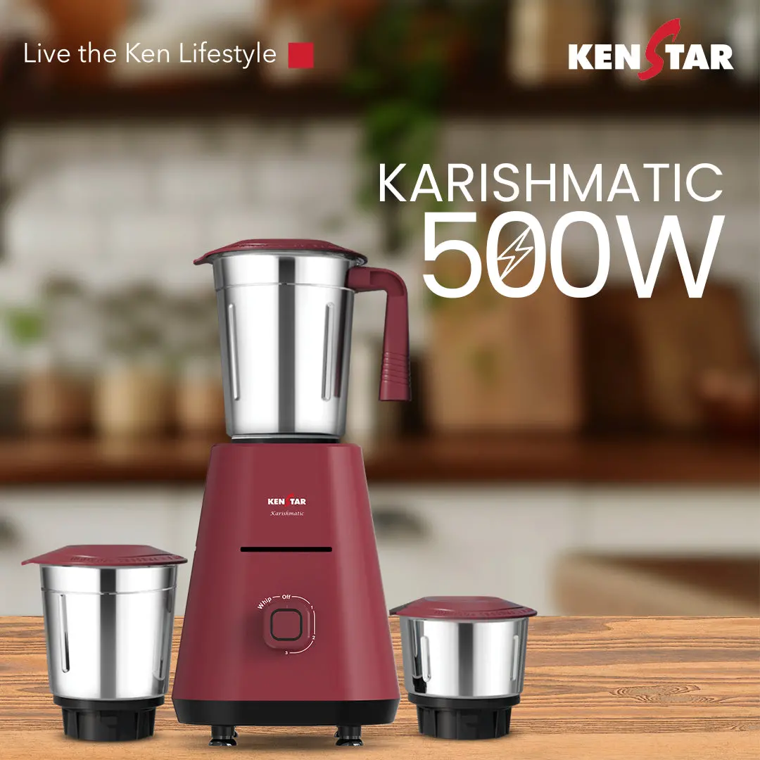 Karishmatic Wine Red 500W, 3 Jar, Mixer Grinder 1