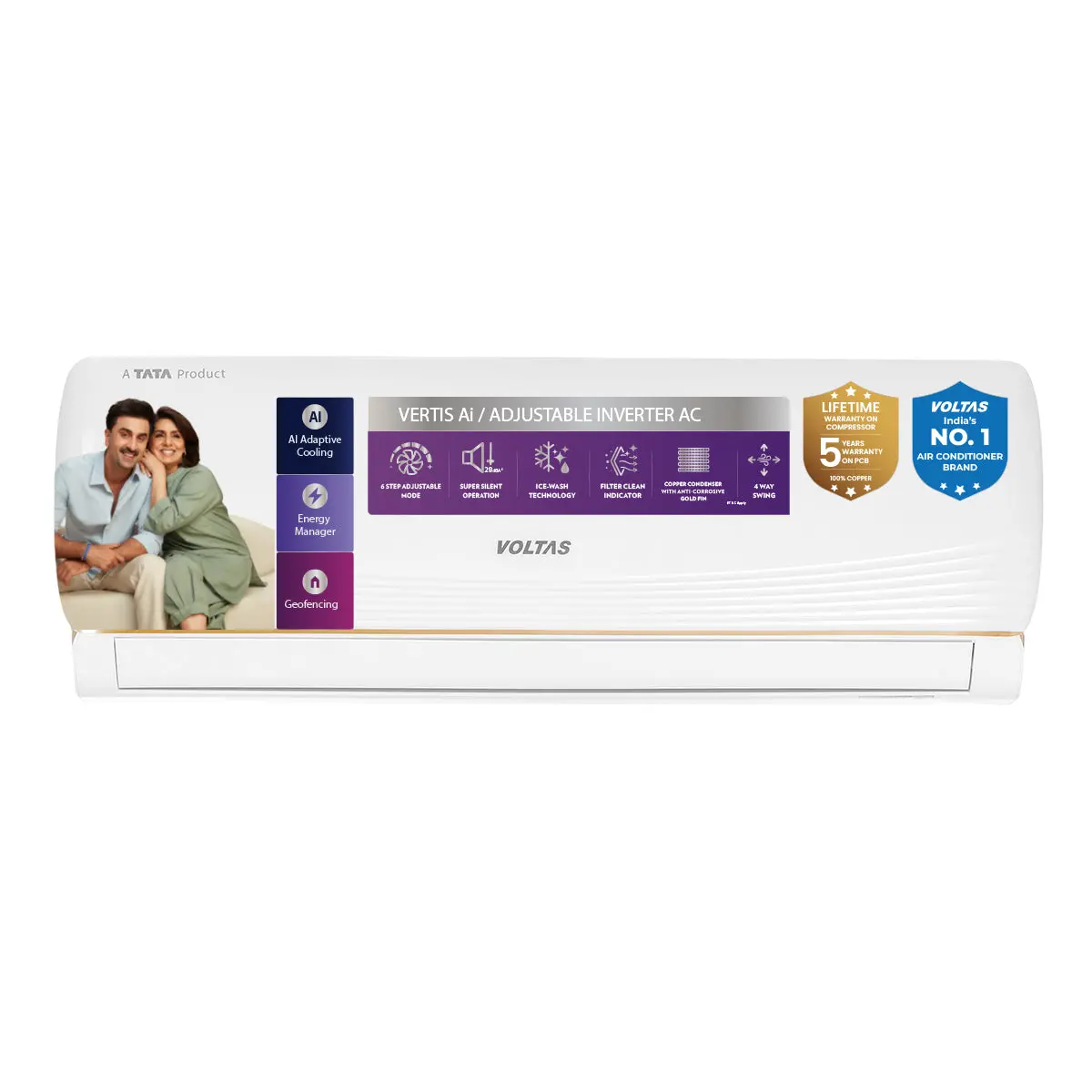Voltas Split Air Conditioner, 1 Ton, 3 Star - 123Inv Vertis Ai Zest Gold 1