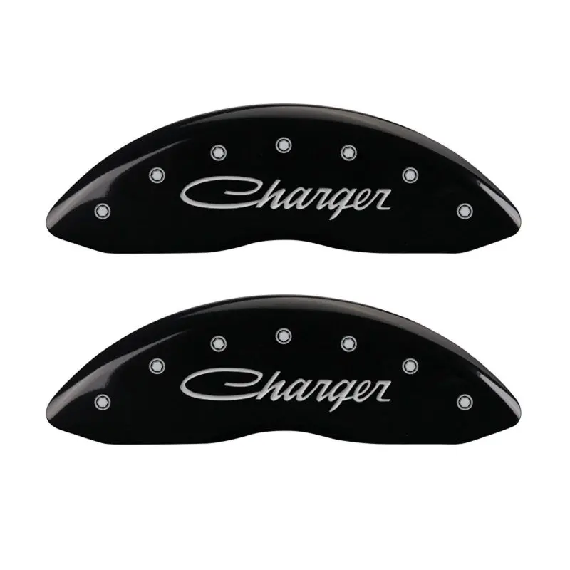 Mgp Engraved 4-Piece Caliper Cover Set – Cursive/Charger Design, Black Base With Silver Accents 1