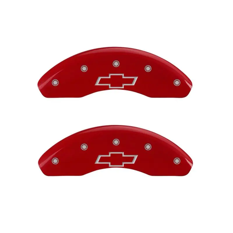 Mgp Engraved 4-Piston Caliper Covers — Front & Rear — Bowtie Design In Red-On-Silver Finish For 2019 Chevrolet Bolt Ev 1