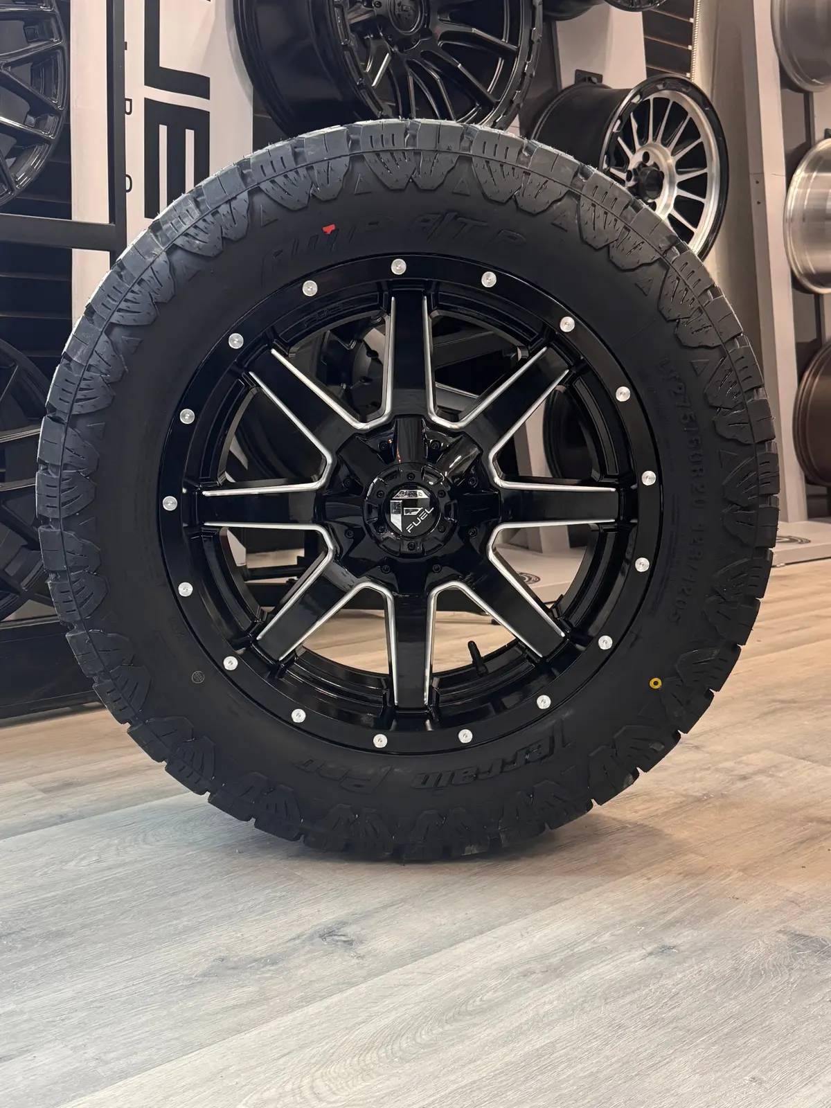 ( Set Of Four ) Fuel Maverick 20X9 +1 6X135/6X139.7 106.1 Gloss Blk Mill | Lt 275/60R20 Amp Terrain Pro 1