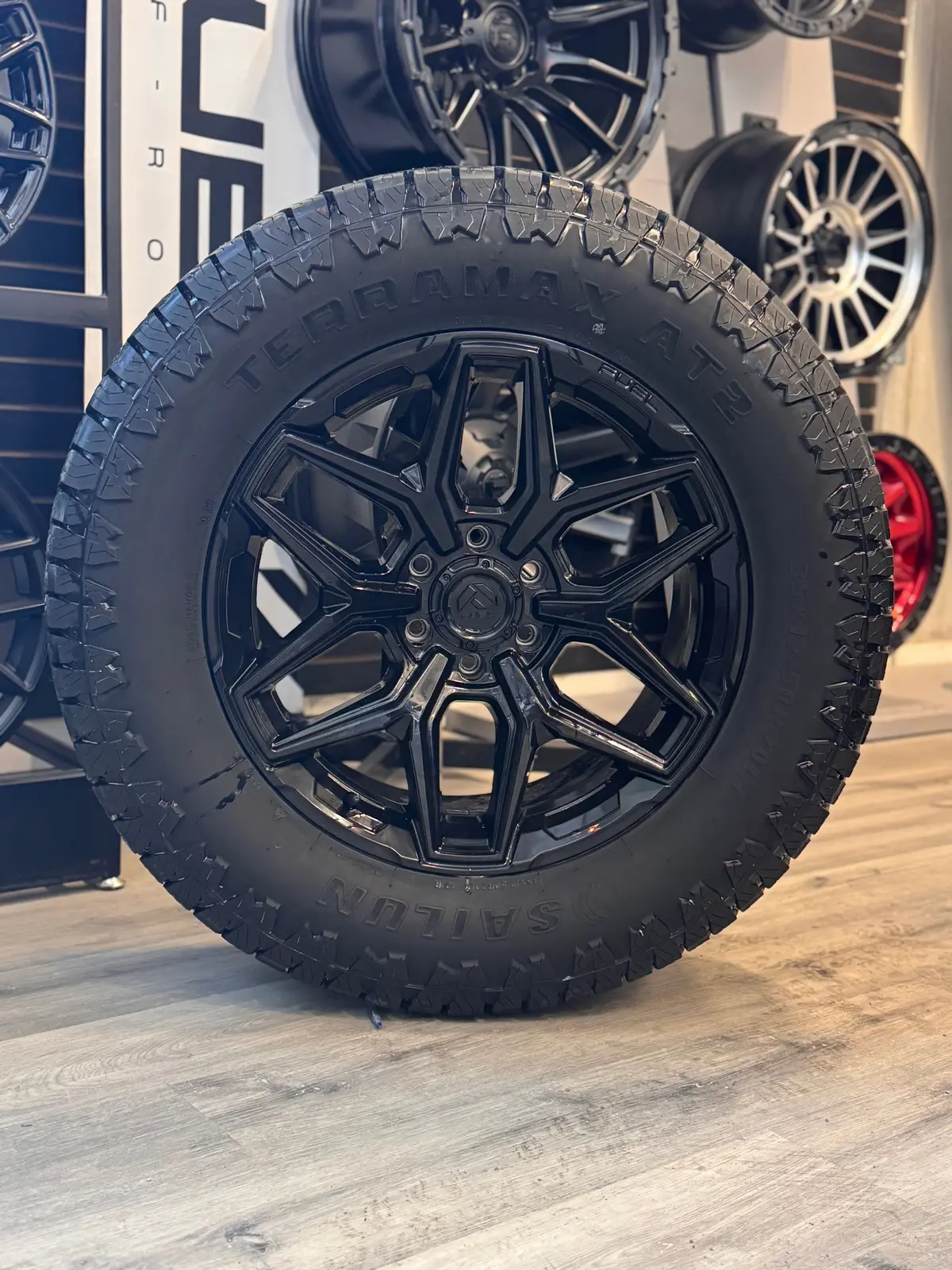 (Set Of Four) Fuel Flux Gloss Blk 20X9 6X135 +20 87.1Mm | 35X12.50R20 Sailun Terramax At2 3Pms ( Slightly Used Takeoffs ) 1