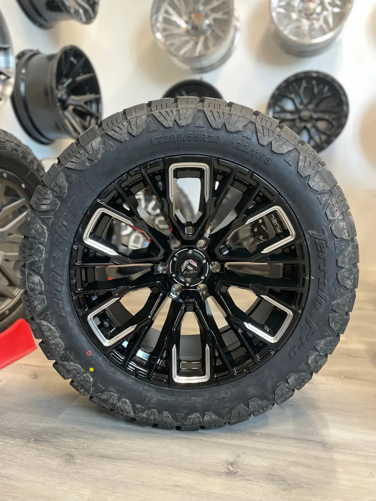 (Set Of Four) Fuel Rebar 20X10 6X135 -18 Gloss Blk Milled | 285/55R20 Amp Terrain Pro ( F150 ) 1