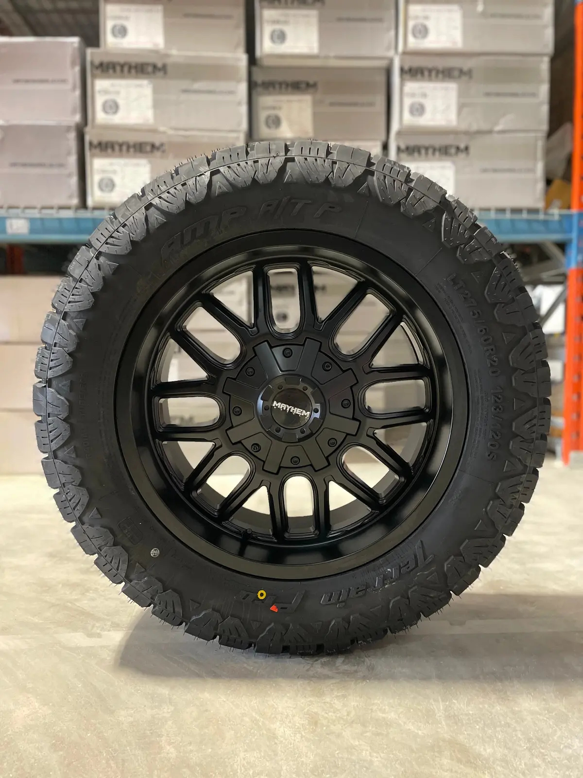 (Set Of Four) Mayhem Cogent 20X9 6X135/6X139.7 +13 Matte Blk | 275/60R20 Amp Terrain Pro ( F150, Sierra, Silverado, Ram, Tacoma ) 1
