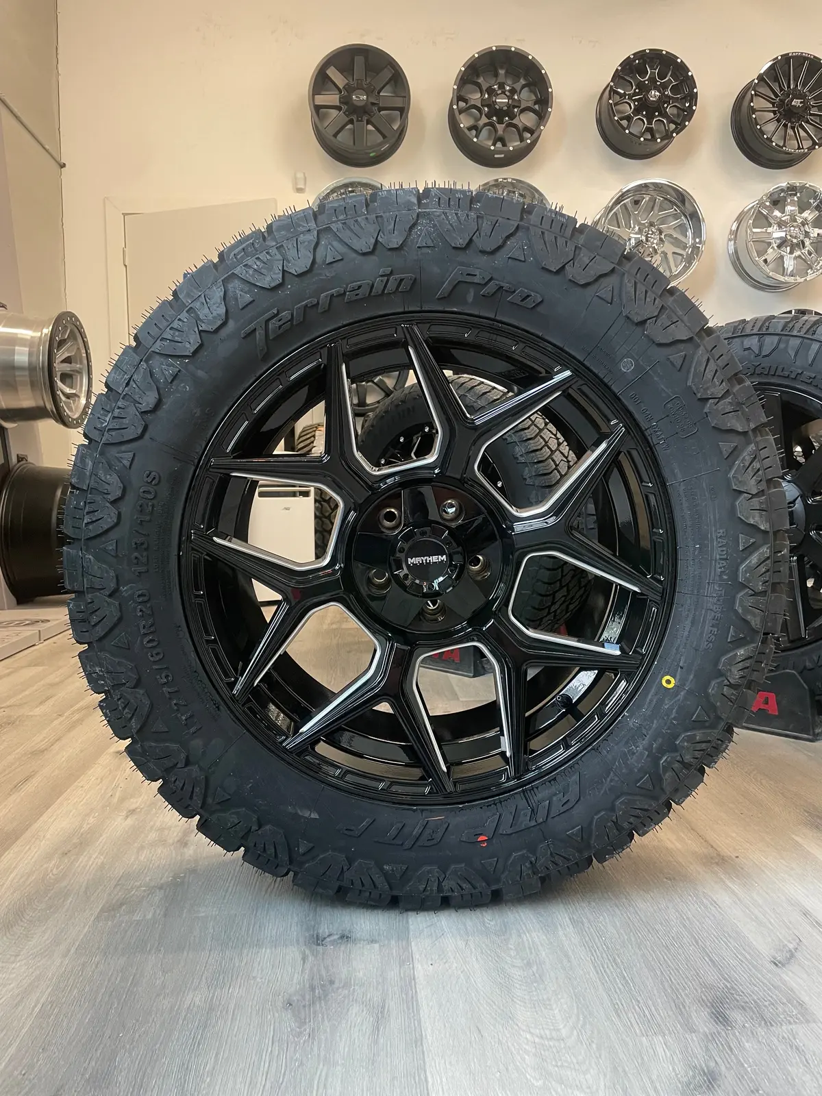 (Set Of Four) Mayhem Vanquish 20X9 5X127/5X139.7 +0 Gloss Blk Milled | 275/60R20 Amp Terrain Pro ( Ram 1500 / Jeep ) 1