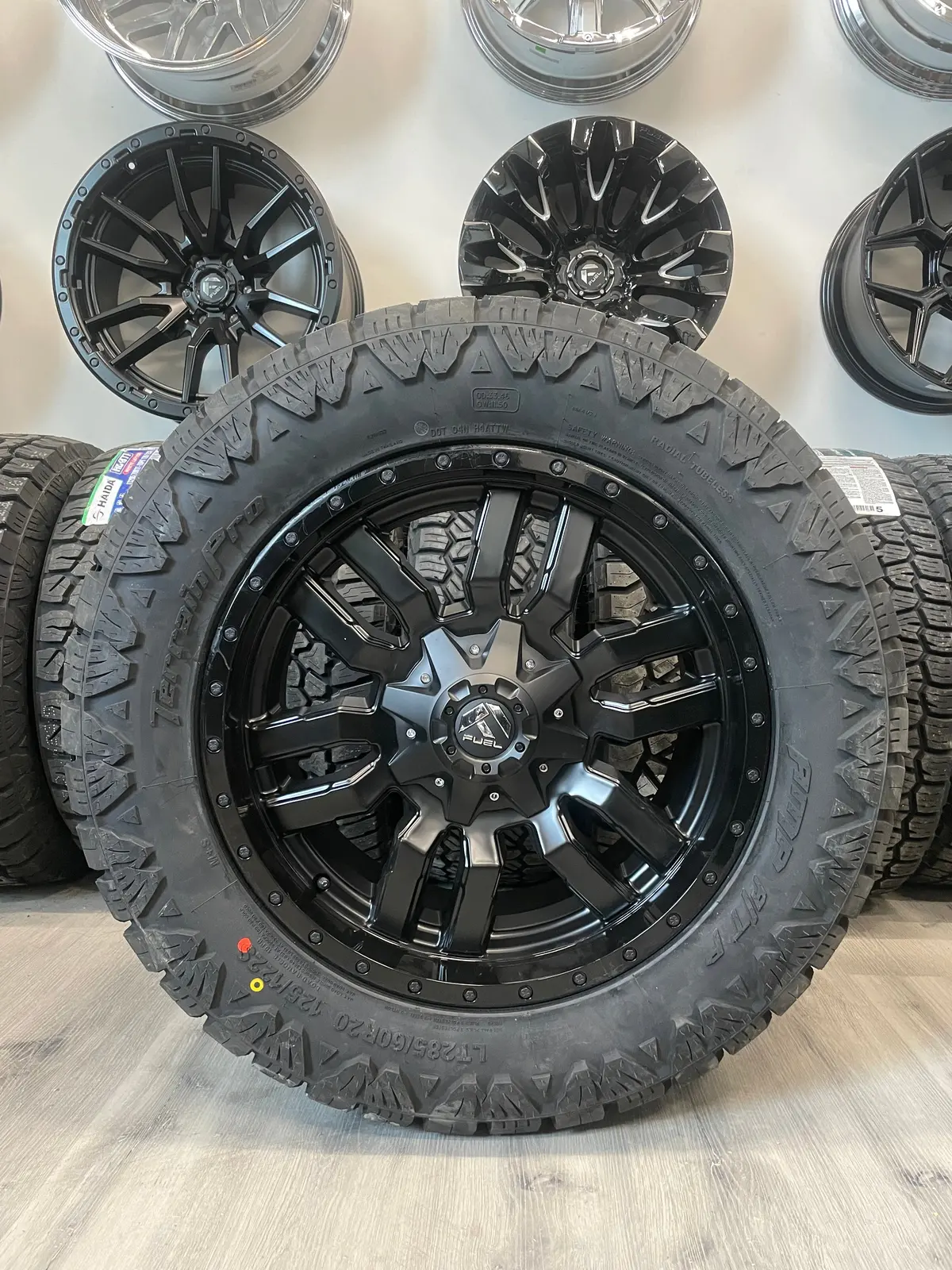 (Set Of Four) Fuel Sledge 20X9 8X180 +20 Matte Blk/Gloss Blk Lip | Lt285/60R20 Amp Terrain Pro 1