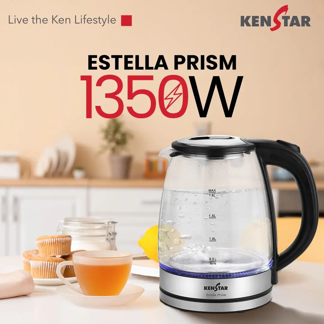 Estella Prism Glass Kettle 1350W, Led Light 1