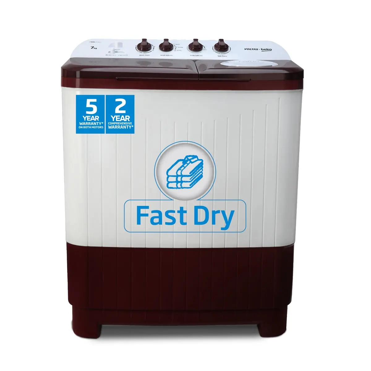 7 Kg 5 Star With Fast Dry Double Waterfall 5 Wing Pulsator Semi Automatic Top Load Washing Machine (Wtt70dbrtf, Maroon & White) , Voltas Beko, A Tata Product 1
