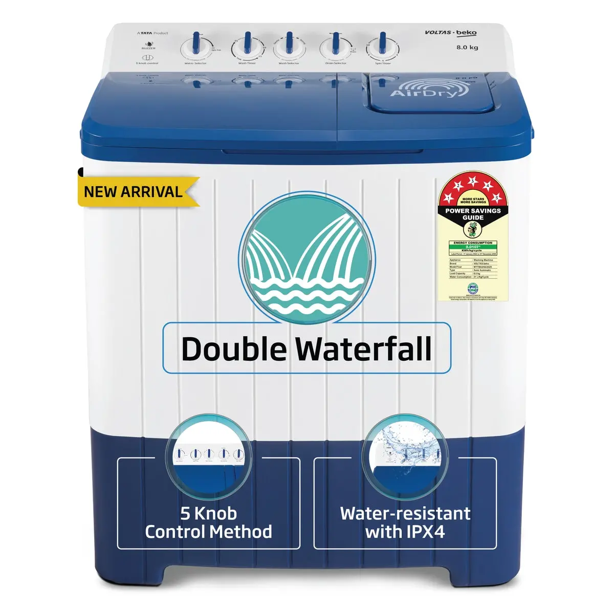 8 Kg 5 Star Semi-Automatic Top Load Washing Machine (Wtt80uha / Ok5i0i0w01e, Blue, 5 Knob Control Method, With Double Waterfall Technology) , Voltas Beko, A Tata Product 1