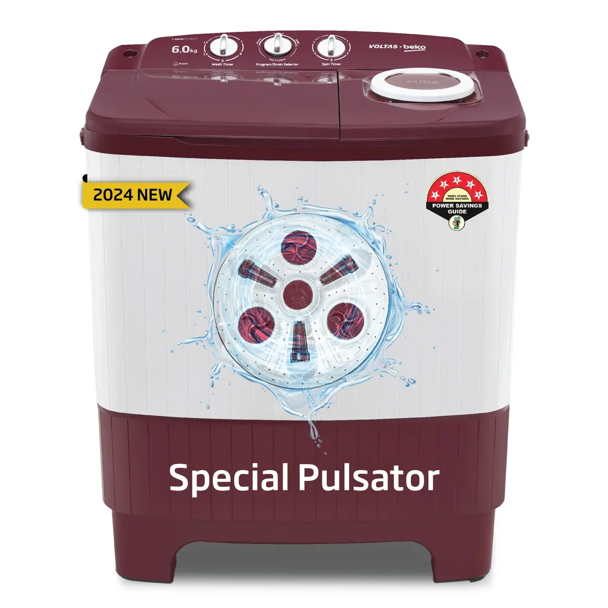 6 Kg 5 Star Semi-Automatic Top Load Washing Machine With Air Dry (Wtt60unx/Ok3r0r0w01, Burgundy, Special Pulsator Technology) , Voltas Beko, A Tata Product 1