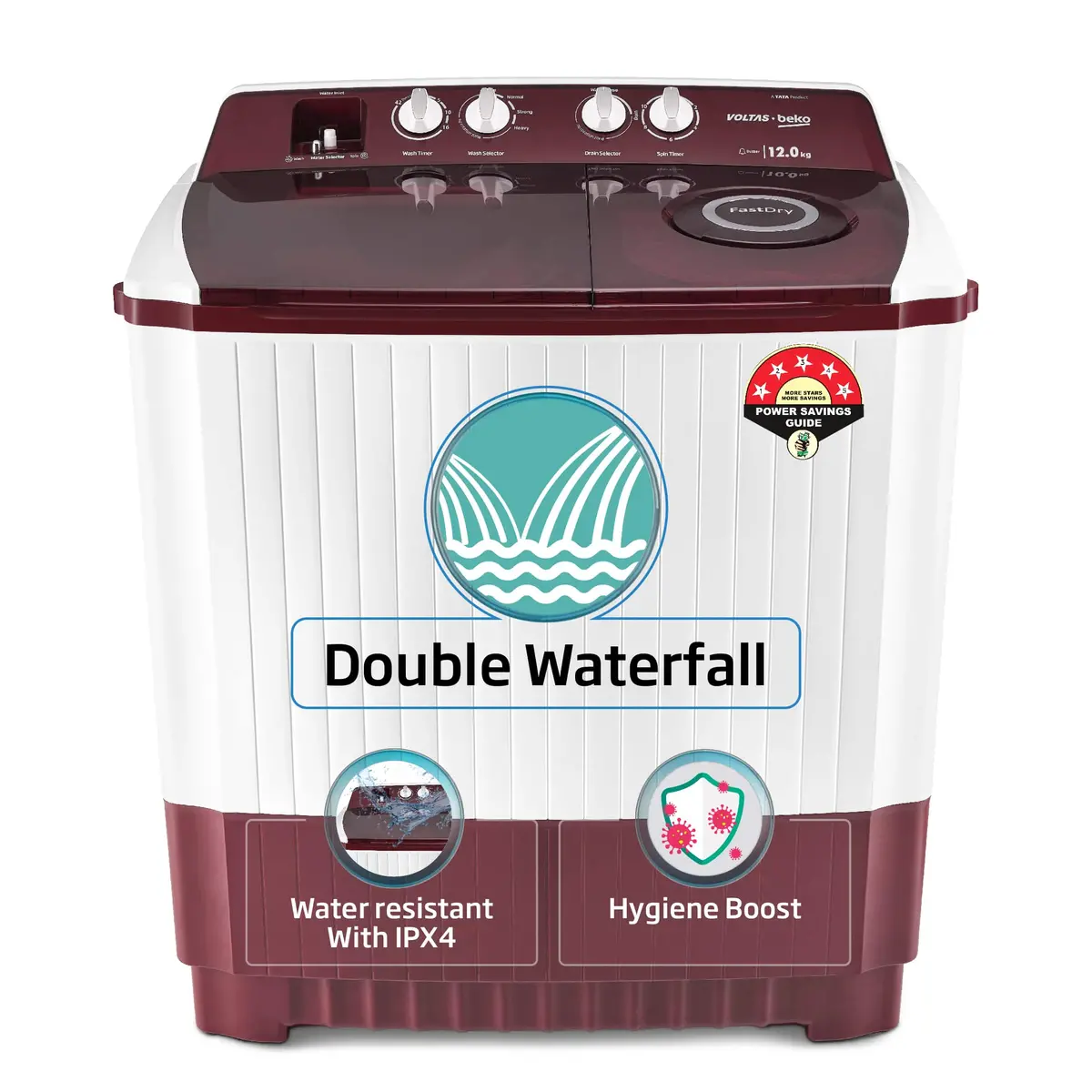12 Kg 5 Star Semi Automatic Washing Machine (Wtt120abrt, Burgundy) , Voltas Beko, A Tata Product 1