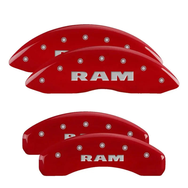 Mgp Engraved 4-Piece Caliper Cover Set — Front & Rear — Ram Red On Silver Finish For 2019 Ram 1500 1