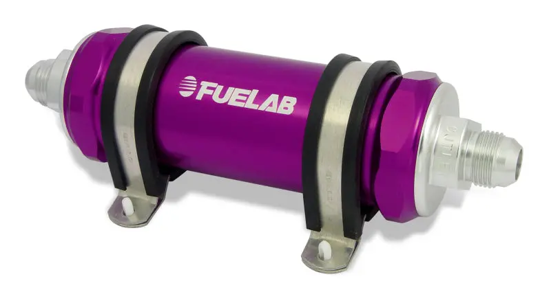 Fuelab 828 Inline Fuel Filter – -6An Inlet / -8An Outlet, 10-Micron Fabric, Purple Housing 1