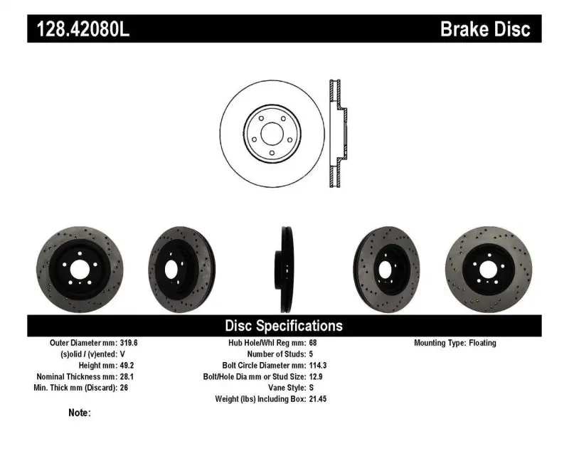 Stoptech Drilled Front Left Brake Rotor For Infiniti Ex35 (2008–2009), G35 (2005–2008), G37 (2009), And M35/M45 (2006–2009) 1