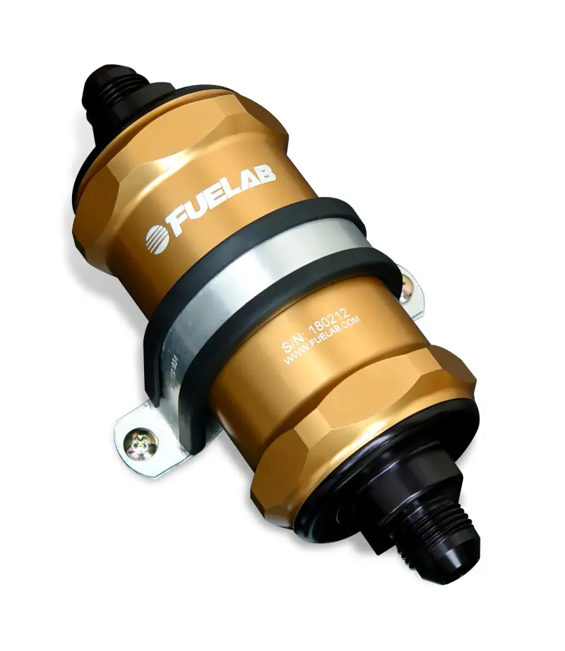 Fuelab 818 Inline Fuel Filter — Gold-Anodized, 6-Micron Fiberglass, -10An In / -8An Out 1