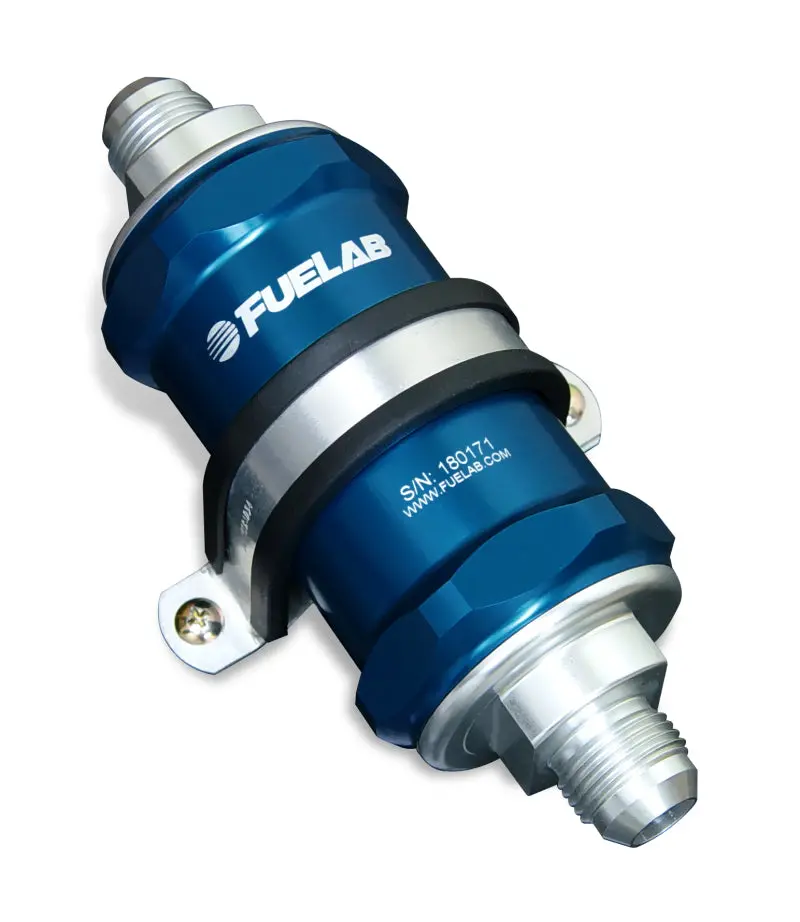 Fuelab 818 Stainless Steel In-Line Fuel Filter – -10An Inlet / -6An Outlet, 100-Micron Blue Housing 1