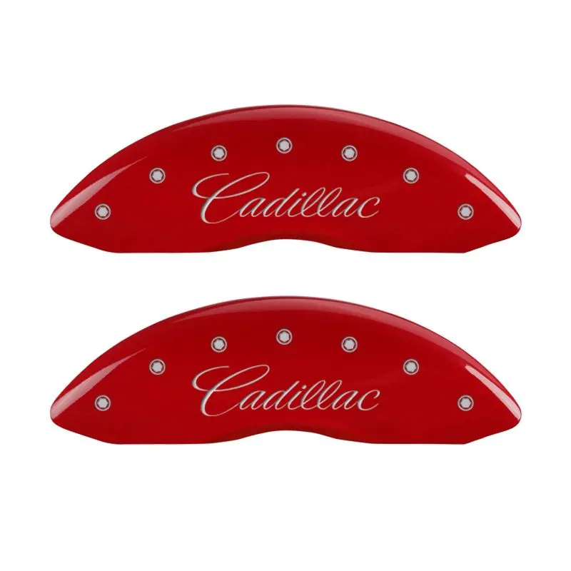 Mgp Engraved 4-Piston Caliper Covers – Front And Rear, Cursive Cadillac Red Finish With Silver Chrome Highlights 1